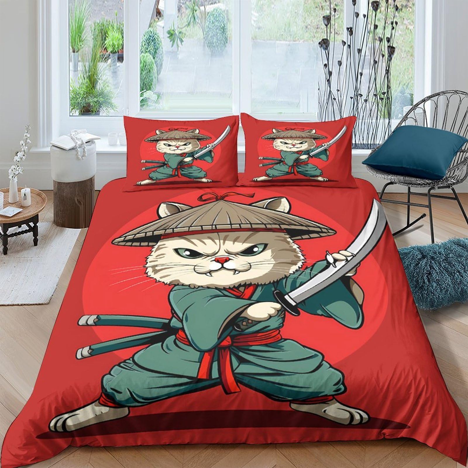 Ctjqhvkz Style-4 3D Printed Samurai Cat Fitted Sheet Microfiber Red Cartoon Bed Cover For Bedroom Guest Room Mattress Decor Single（135X200cm）