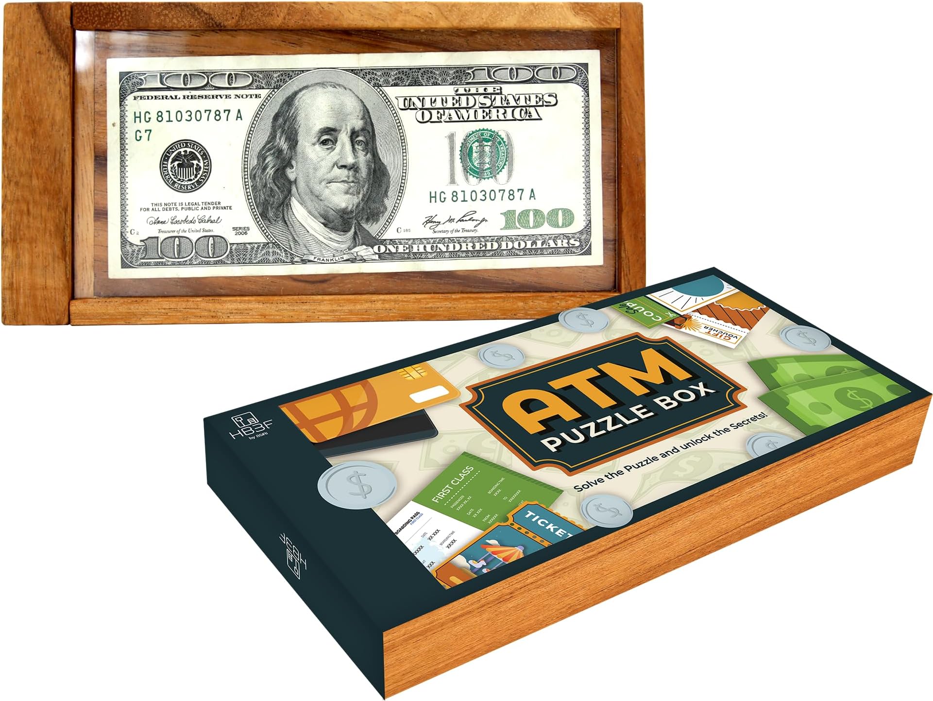 BSIRI ATM Puzzle Box for Adults Secret Brain Teaser Wooden Puzzle Boxes with Hidden Compartments Ideal Mystery Money Jewelry 3D Puzzle Lock Gift Card.
