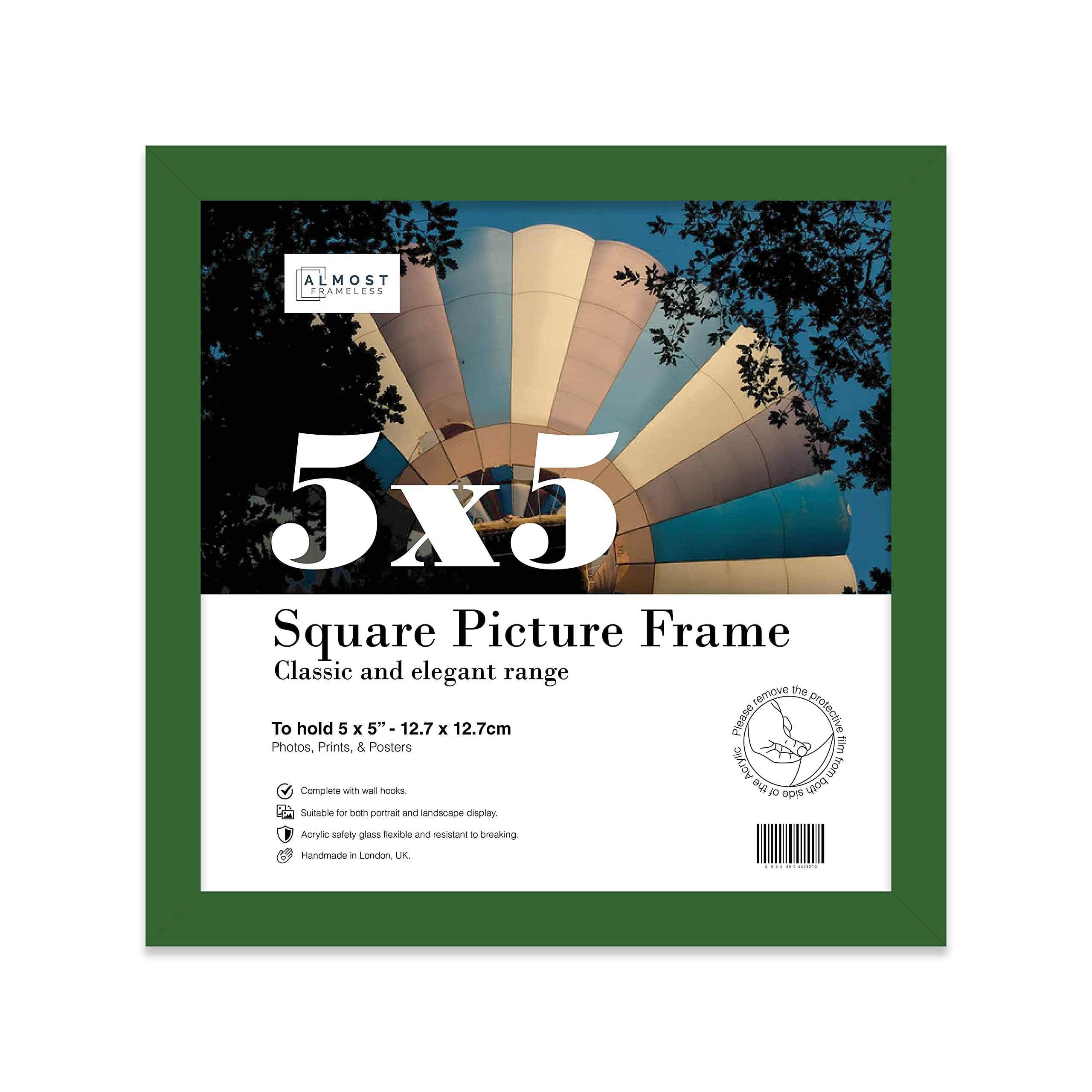 5x5 Inch Green Square Thin Photo Frame Wall Mountable and Freestanding Thin Picture Frame Standard Square Photograph Size, 5" X 5"(12.7 X 12.7cm)