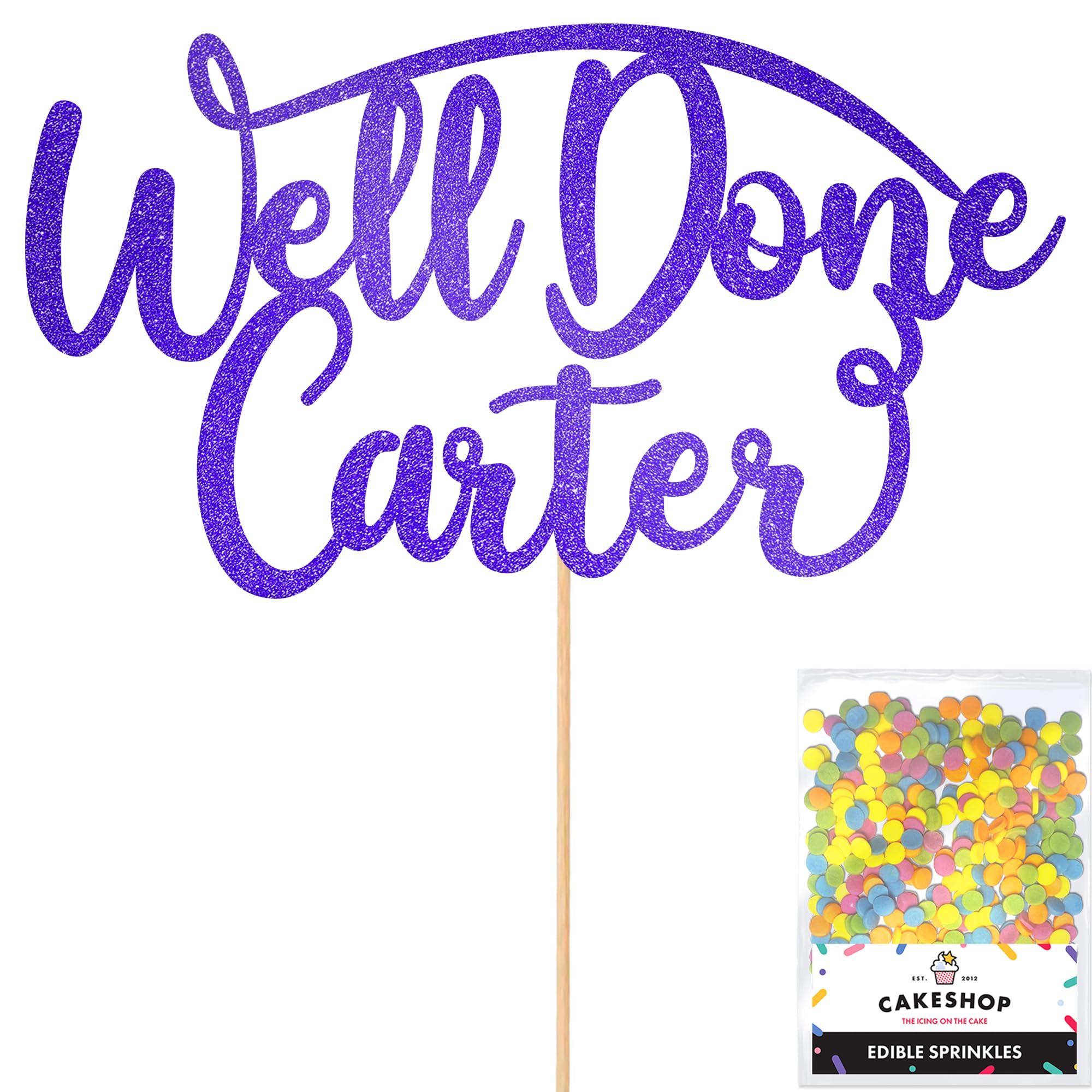 Cakeshop Personalised Well Done Congratulations Glitter Cake Topper With Sprinkles - Bright Blue Custom Colour - Black Any Name - Double-Sided Glitter Decoration - Custom Toppers for Cakes