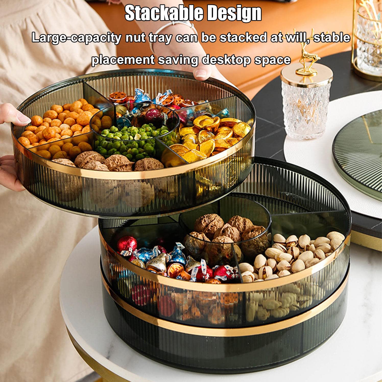 Set Ciotoline Portasnack Con Coperchio - 2 Scomparti Separati, Vassoio Con Manico, Per Noci, Frutta Secca E Caramelle - Foto 9