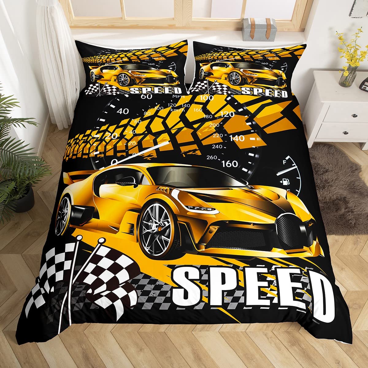 Couvre-lit King Size race sports car jaune, idée cadeau parure de lit pour enfants