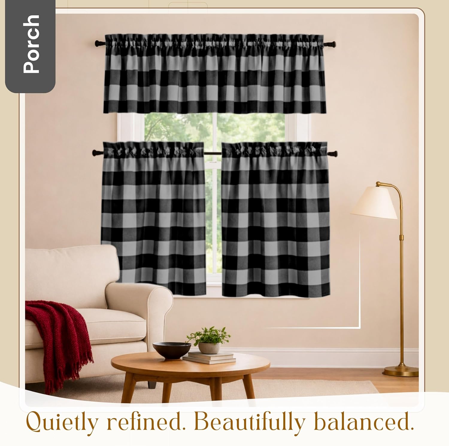 Native Fab Buffalo Plaid Window Curtain Set, 3 Piece Cotton Tier and Valance, 2 Tiers 26x36 Inch and Valance 54x18 Inch, Rod Pocket Curtains for Kitchen, Bedroom, Office, Ash Grey Black
