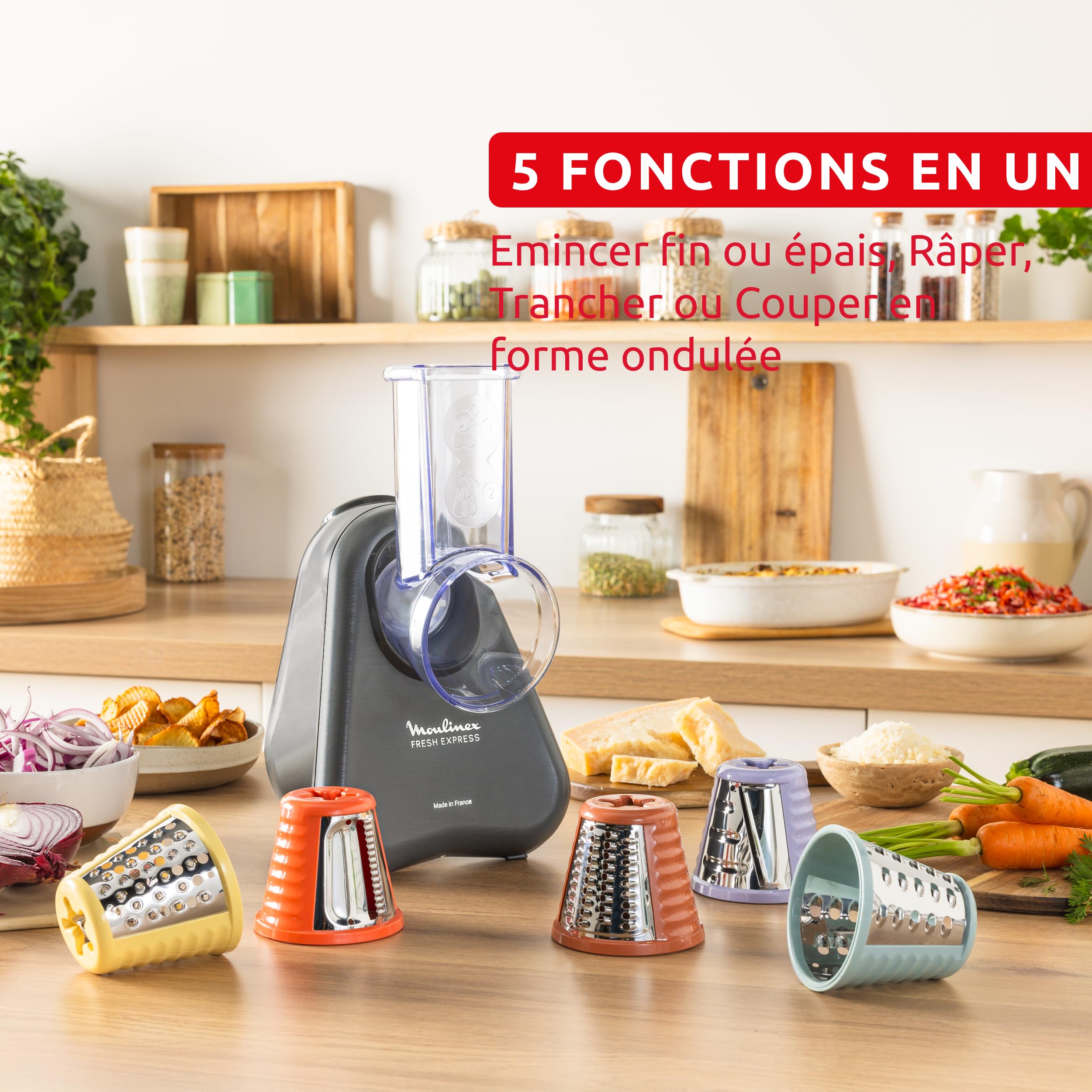 Moulinex Fresh Express, Découpe-légumes électrique, Service direct, Émincer-Trancher-Râper-Couper en forme ondulée, Gris, DK855HE0