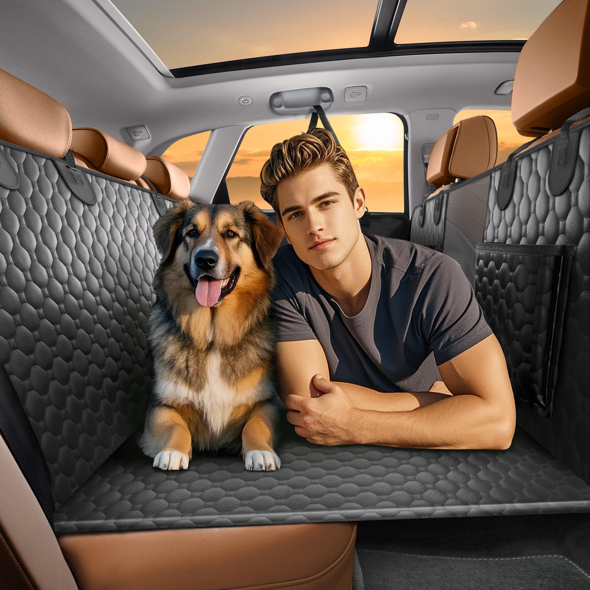 Back Seat Extender for Dogs Holds 400lbs, PU Leather Hard Bottom Car Seat Cover for Dogs,Heavy Duty Dog Car Seat Cover for Back Seat, Waterproof Dog Hammock for Car, Large Pet Bed for Car, Suv, Truck