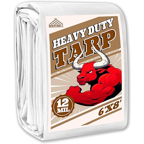 Tarp 6x8 ft Heavy Duty 12mil 100% Waterproof High Durability Multipurpose,Uv Resistant,White Tarp Suitable for Swimming Pools, Boats, Camping, Courtyards, Etc -by MVPNET