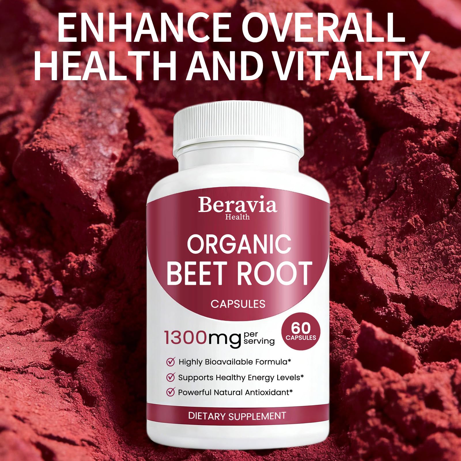 Beravia Health Organic Beet Root Capsules, Beetroot Capsules 1300mg | Support Healthy Circulation & Vitality, Natural, Vegan & Non-GMO, Beet Root Supplement for Women & Men - 60 Capsules (1 Bottle) - 3