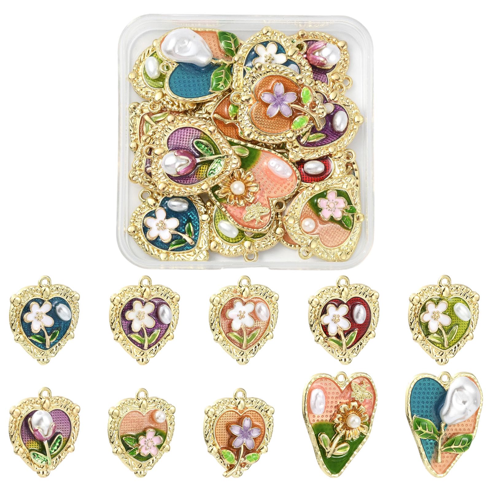 COGCHARGER 20Pcs Floral Heart Charms for Jewellery Making Cute Inspired Vintage Charms Alloy Enamel Imitation Pearl Pendants for Bracelet Necklace Earring DIY Supplies(Floral Mixed)