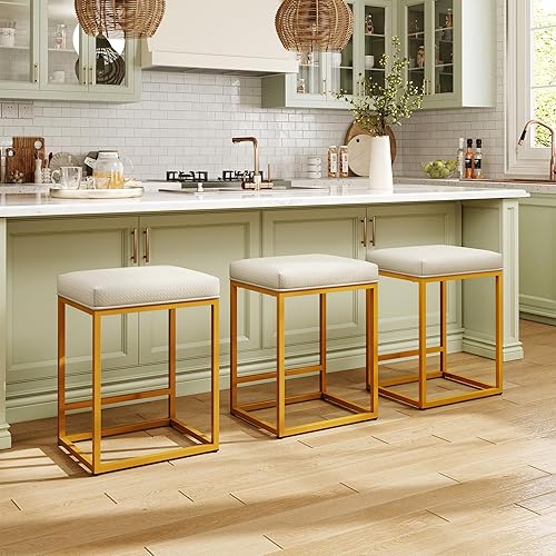 MAISON ARTS Bar Stools Set of 3 | White & Gold Counter & Bar Height Stools for Kitchen Island | Modern Farmhouse Backless Barstools with Metal Frame & Faux Leather Upholstery | 24" Kitchen Bar Stools
