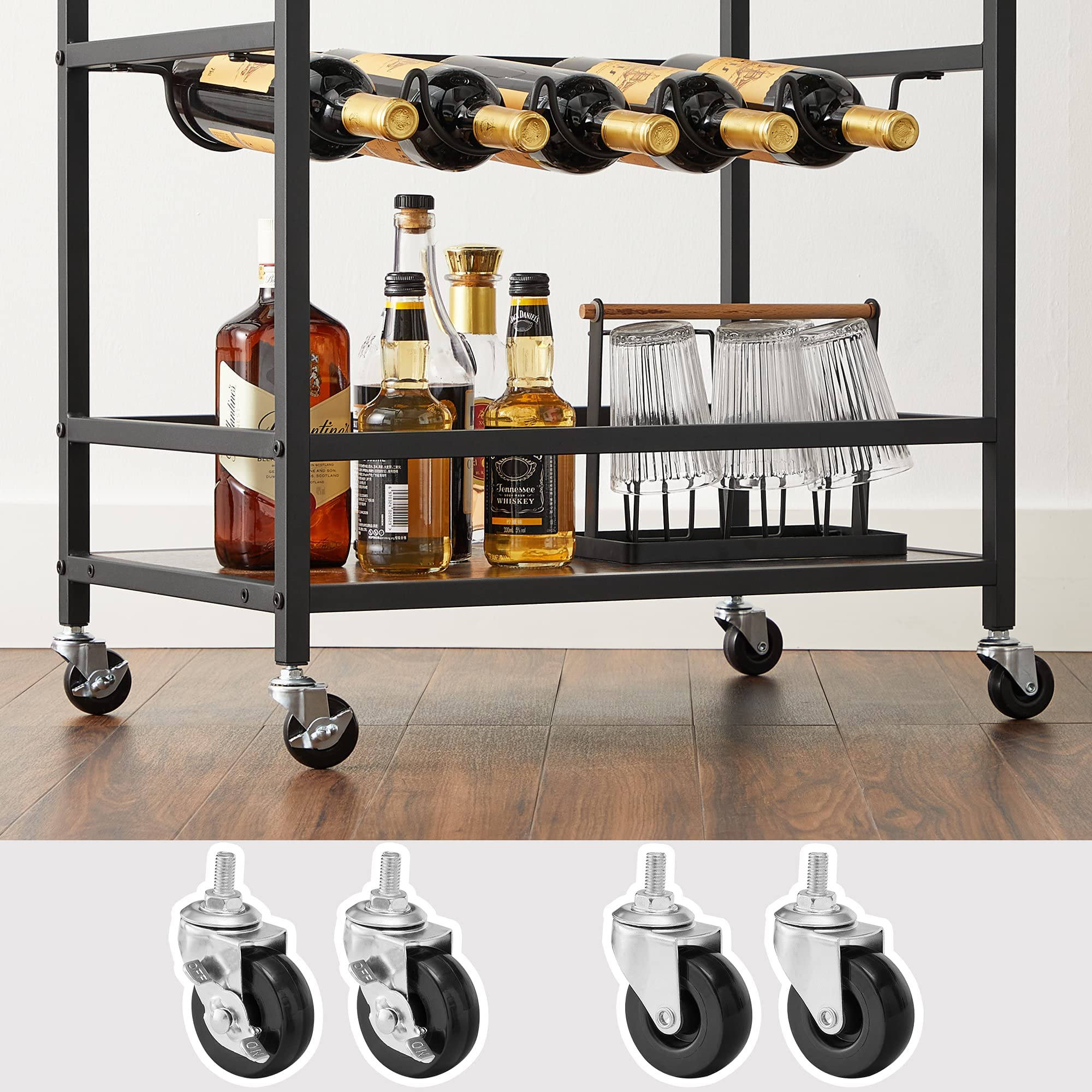 VASAGLE Carrito con Ruedas, Carrito de Cocina, Carrito de Servicio con Soportes para Vasos y Botellas, 40 x 60 x 82 cm, Estilo Industrial, Marrón Rústico y Negro LRC087B01