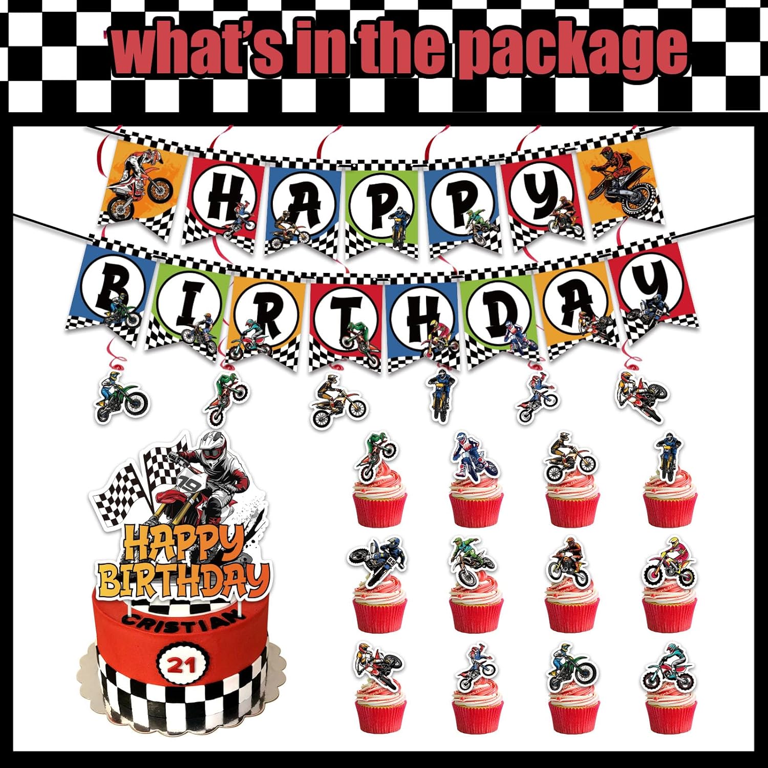 Dirt Bike Birthday Decorations Motocross Theme Party Supplies Contains motorcycle Backdrop Banner Balloons Cake Toppers Hanging Swirl Stickers