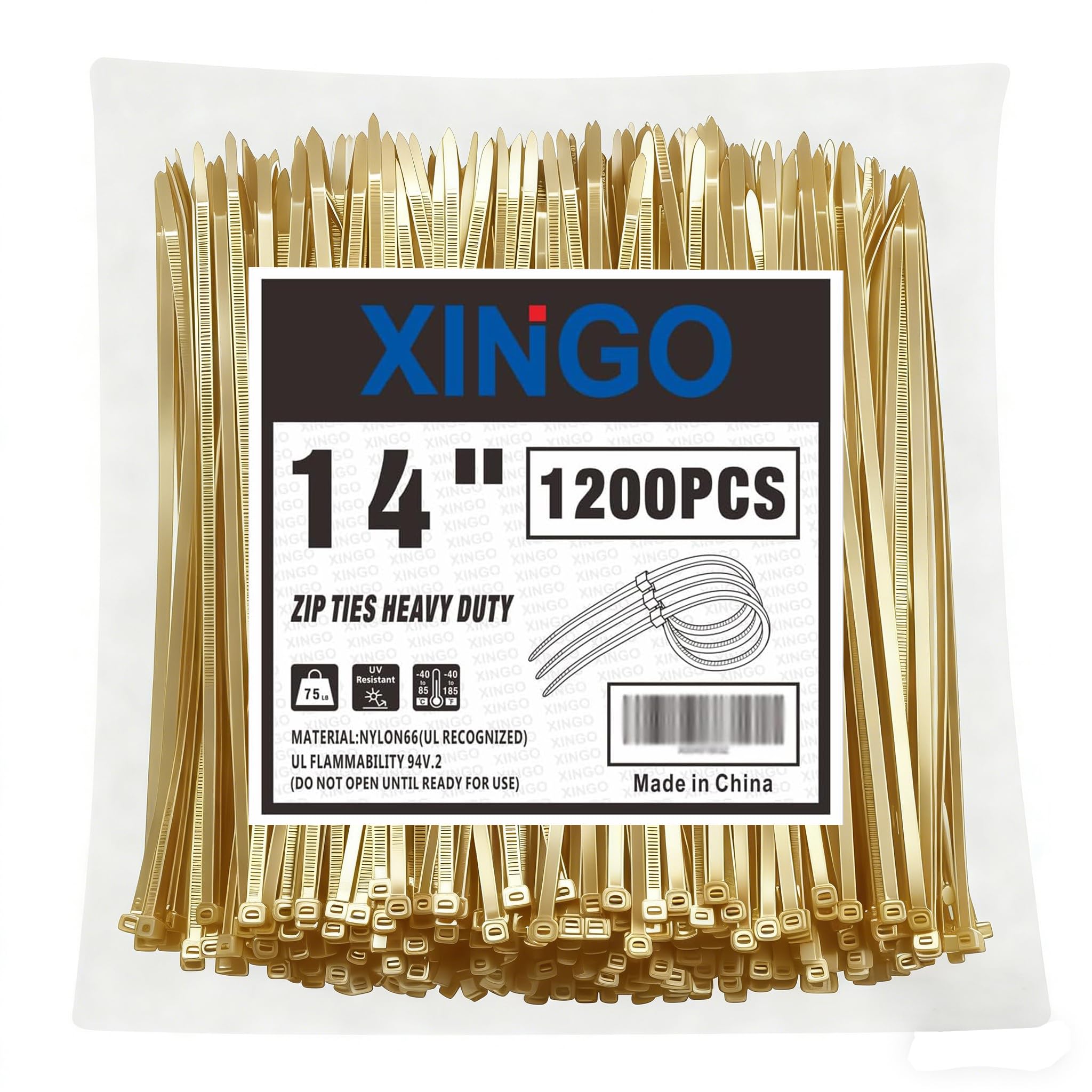 XINGO 14 Zoll Gold Kabelbinder 1200 Stück, 34 kg Zugfestigkeit, UV-beständige Kabelbinder, selbstsichernde Kunststoffbinder für den Innen- und Außenbereich