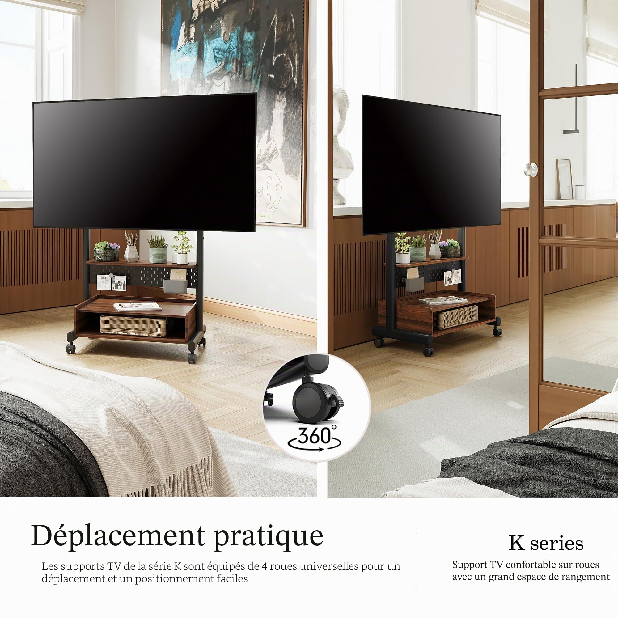 FITUEYES Meuble TV avec Support,avec Panneau perforé, 40-85 Pouces,Noyer | Support TV Roulettes, 7 Réglages de Hauteur 1036-1406 mm, jusqu'à 60 kg, Max. VESA 600x400 mm, pour Salon, Bureau