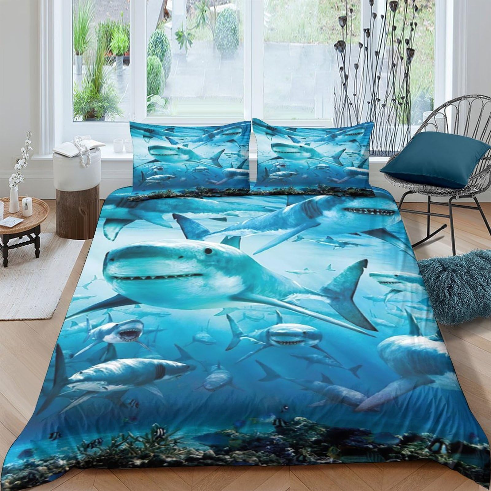 Ctjqhvkz Style-10 3D Printed Ocean Shark Fitted Sheet Microfiber Soft Blue Marine Life Bed Cover For Bedroom Dorm Mattress Protection Decor Single（135X200cm）