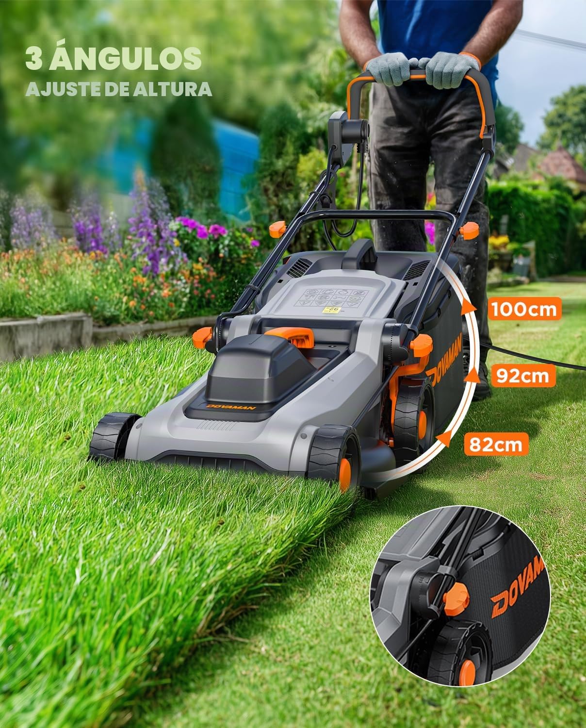 DOVAMAN LA36A Cortacésped Eléctrico 1500W, 36cm Corte, 95% Recogida, Altura 6 Posiciones, Cesto 40L, 2-en-1 Mulching & Recolección, Empuñadura Plegable, Ideal para Jardín & Cuidado del Césped