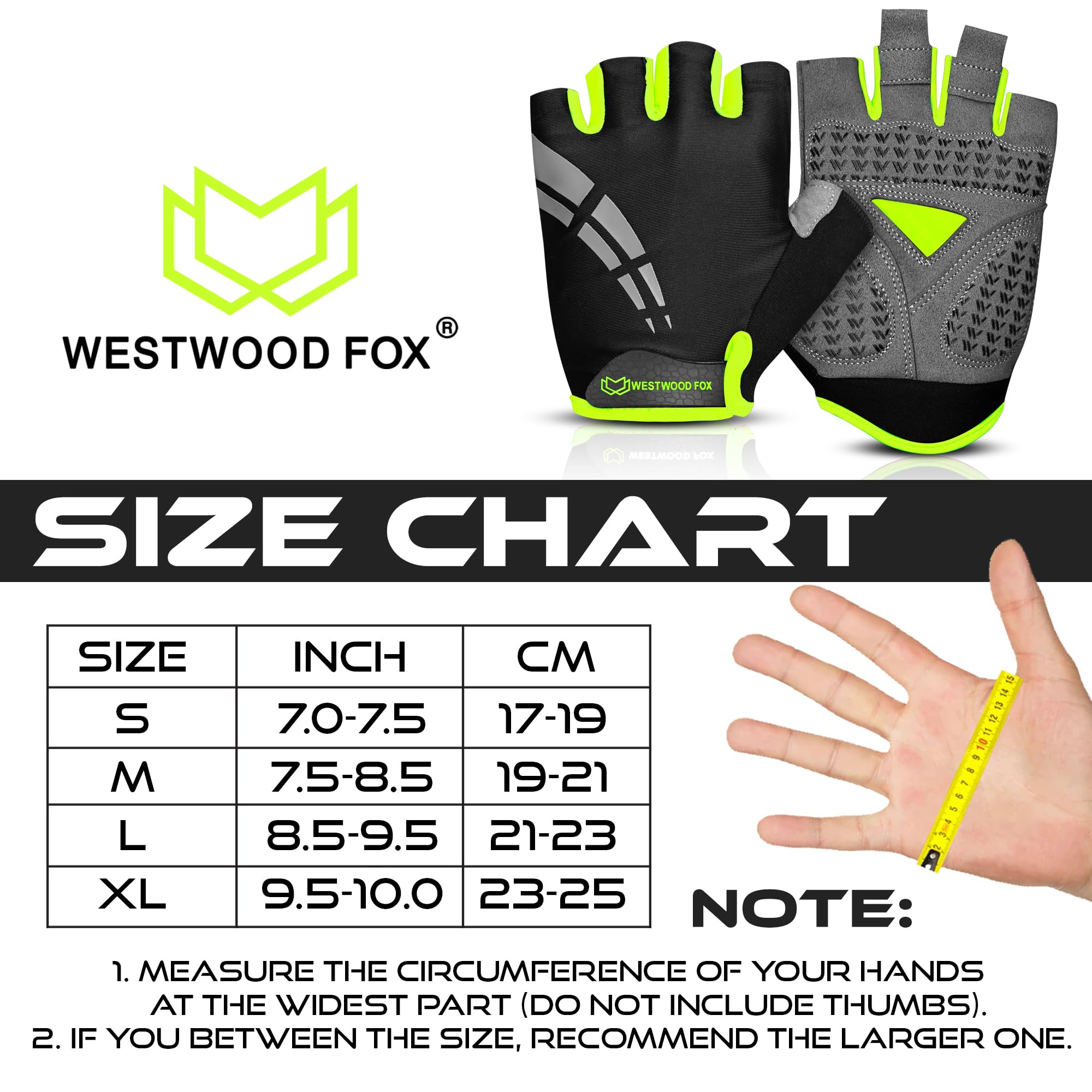 WESTWOOD FOX Rękawice kolarskie dla mężczyzn i kobiet, unisex półpalce z antypoślizgowym wyściełanym żelem, pochłaniające wstrząsy i oddychające dłonie, letnie rękawiczki rowerowe MTB