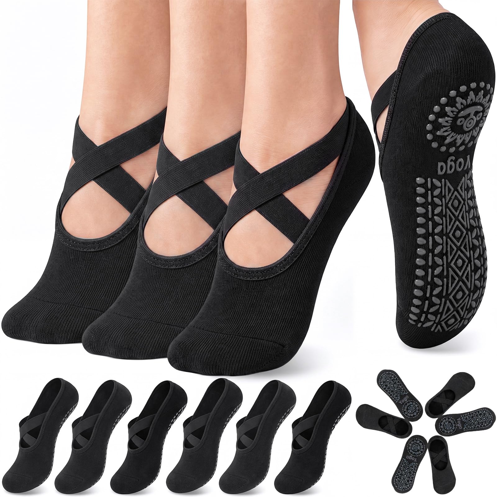Geyoga 6 Pairs Pilates Socks for Women Non-slip Yoga Socks with Grip Strap for Barre Ballet Dance Barefoot Workout Plasticity