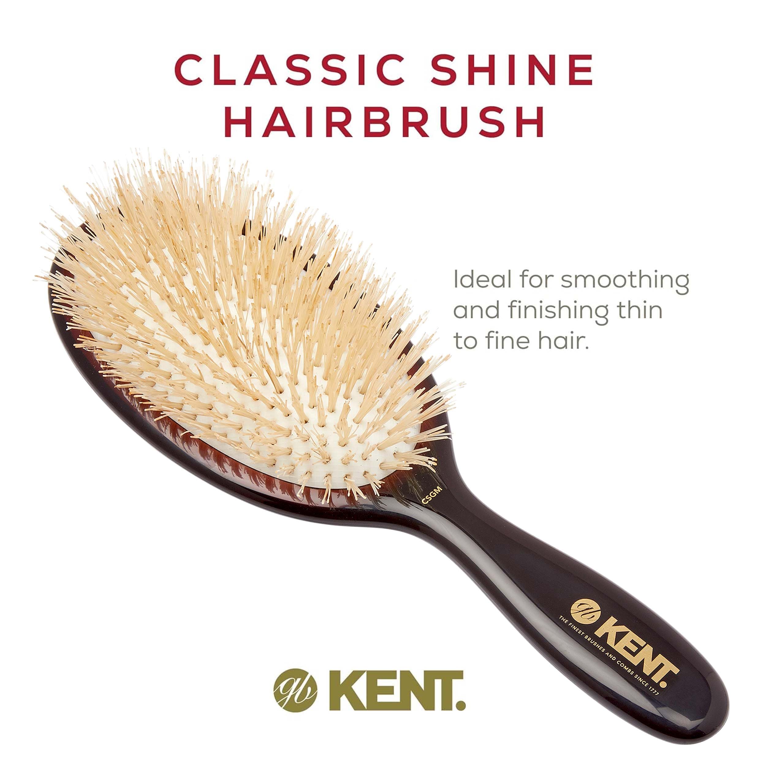 Kent CSGM Classic Shine - Cepillo alisador ovalado mediano de 7.75 pulgadas y desenredante de cabello, cepillo de cerdas de jabalí blanco suave, cepillo para cabello brillante y limpiador de cuero