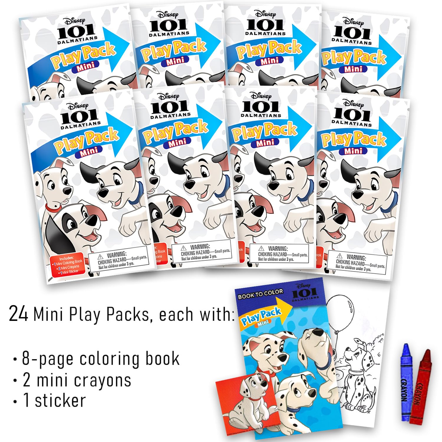 Disney Zestaw 101 mini upominków na imprezę dla dzieci, zestaw z 24 mini 101 dalmatyńczykami, pakiety do zabawy z kolorowankami, naklejkami i nie tylko, 101 dalmatyńczyków, artykuły urodzinowe