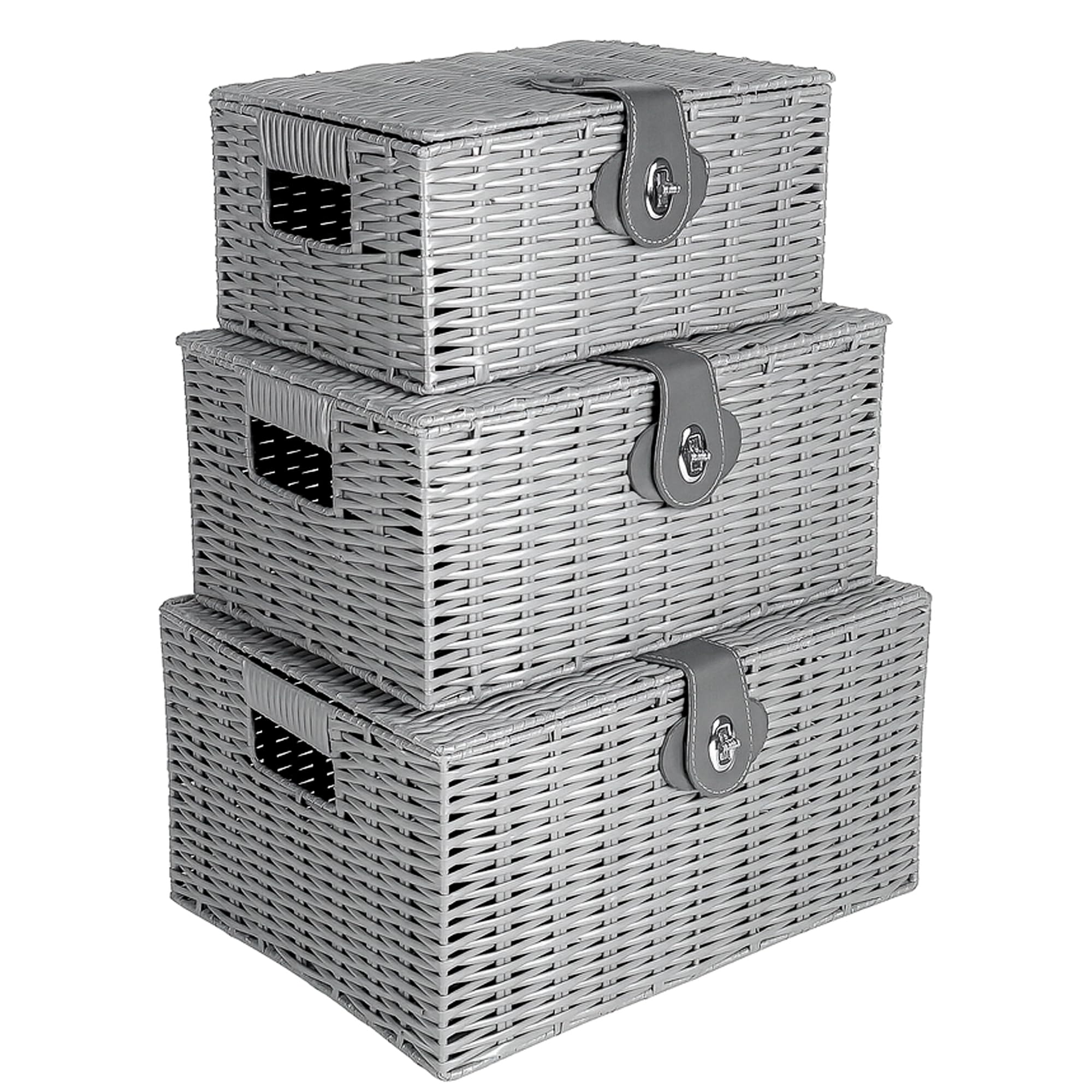 Innoteck Wicker Storage Basket Set with Lids - Handwoven Decorative Storage Boxes with Handles, Large, Medium & Small - Ideal for Home, Bathroom, Kitchen & Office Organisation (Grey)
