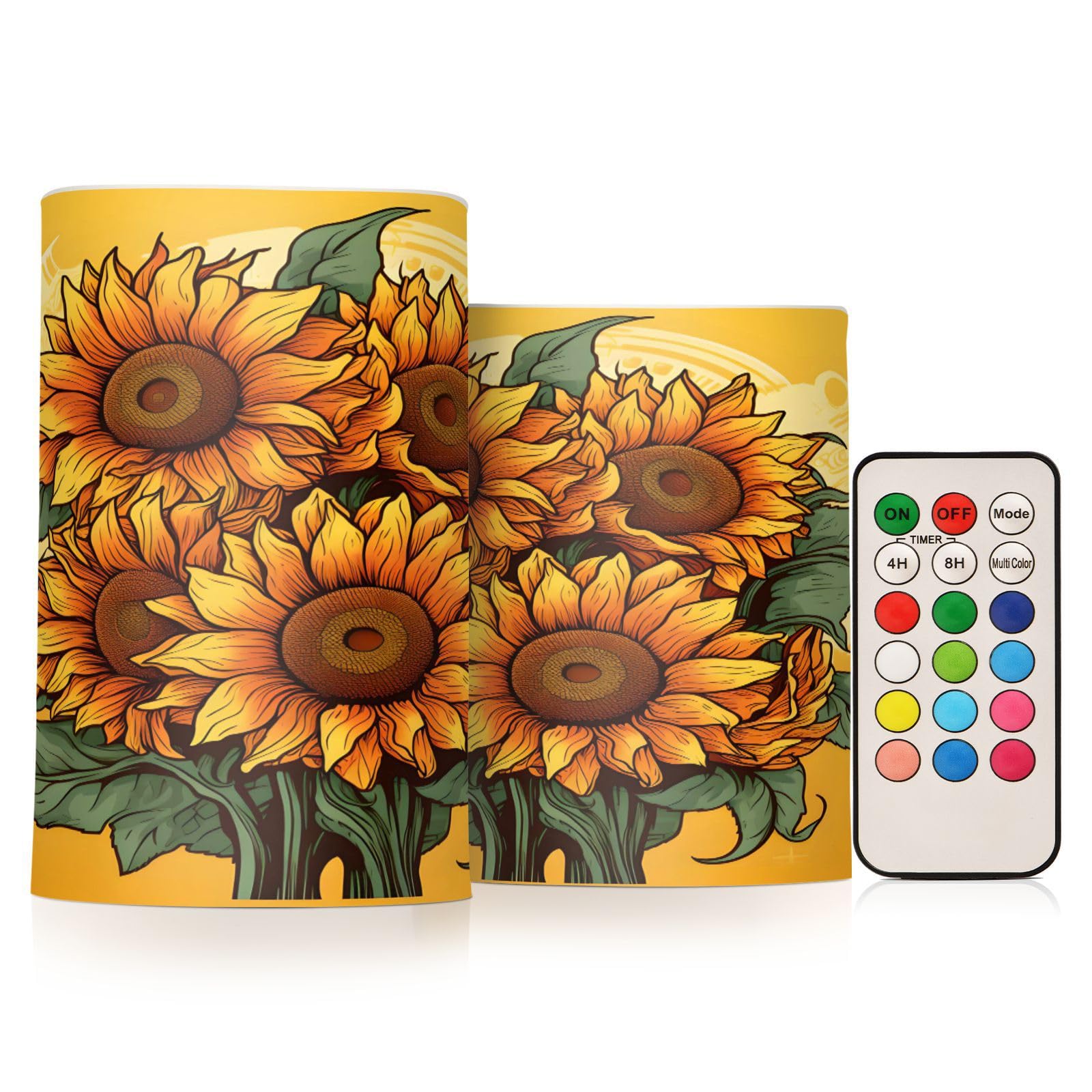 ALAZA Yellow Sunflowers (5) Flickering Flameless Candles Battery Operated with Remote Timer,Tea Light Candles LED Pillar Votive Candles set of 2 for Outdoor Indoor Decorations