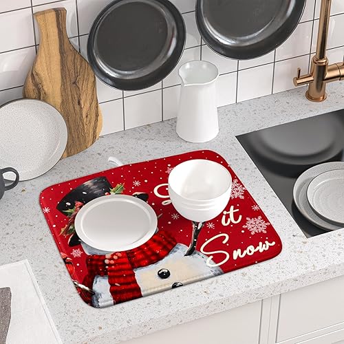 Vista 159 de Tapete de secado de platos de árbol de Navidad, muñeco de nieve, para encimera de cocina, de 16 x 18 pulgadas, tapete de secado de microfibra