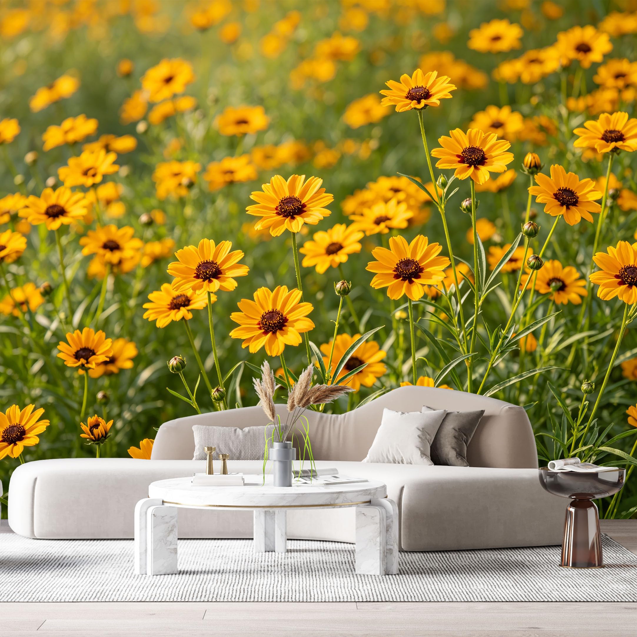 Custom Size Wall Murals Yellow Wildflower Botanical Meadow Sunlight Bloom SelfAdhesive Wall Fabric Removable Large Wallpaper for Photo Living Room