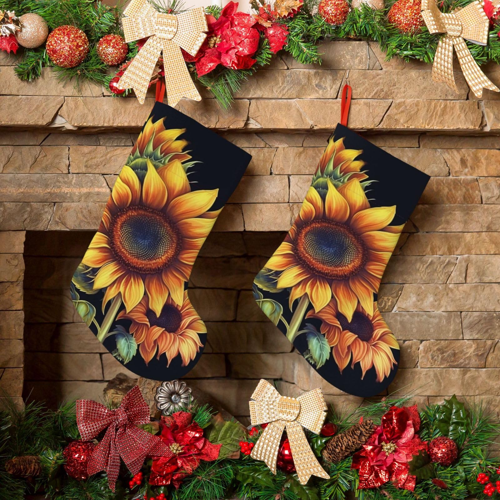KLOPH Christmas Stockings 18" Personalized Xmas Stocking Summer Sunflower Decoration Stocking Hanging Fireplace Stocking for Holiday Xmas Tree Christmas Fireplace Decor