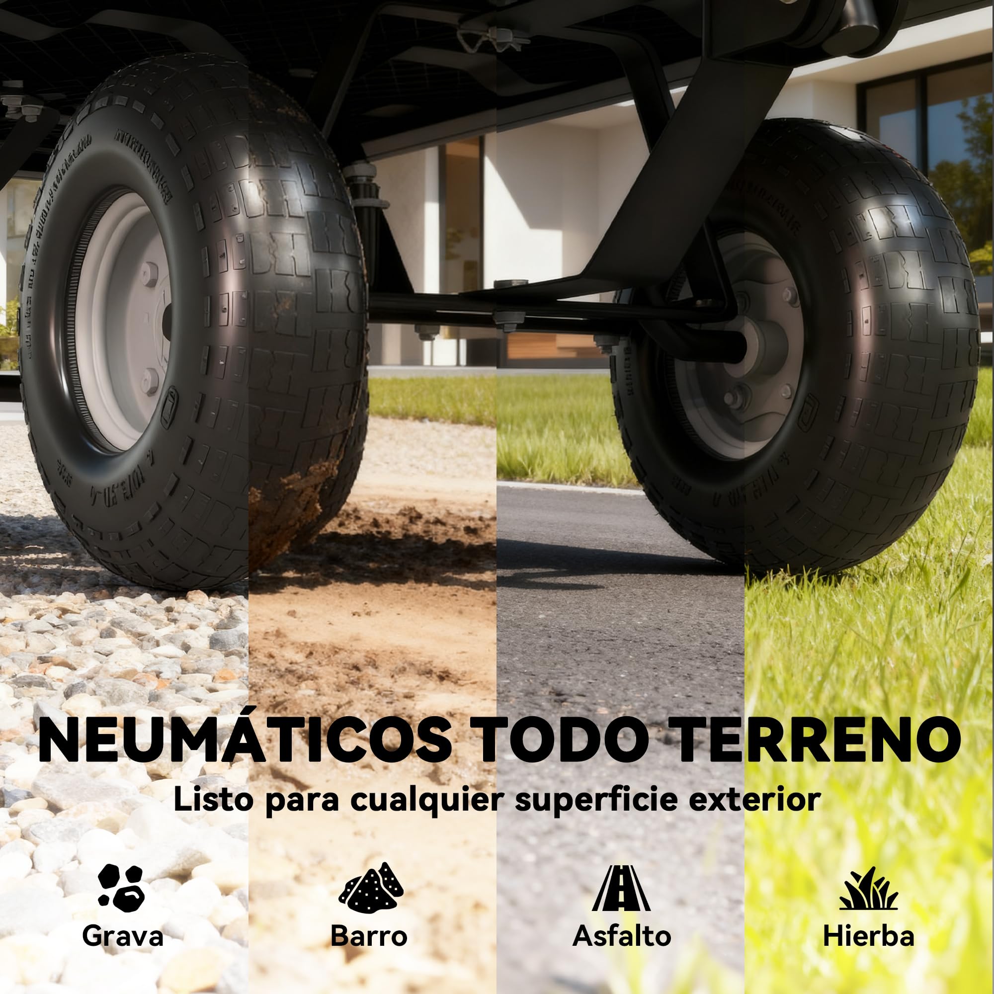 Outsunny Carrito de Jardín con Ruedas Grandes, Carga 300 kg, Carro de Mano con Asa Ajustable y Bolsa Impermeable Removible, Carrito de Transporte para Todo Terreno, Compra, Camping, Negro