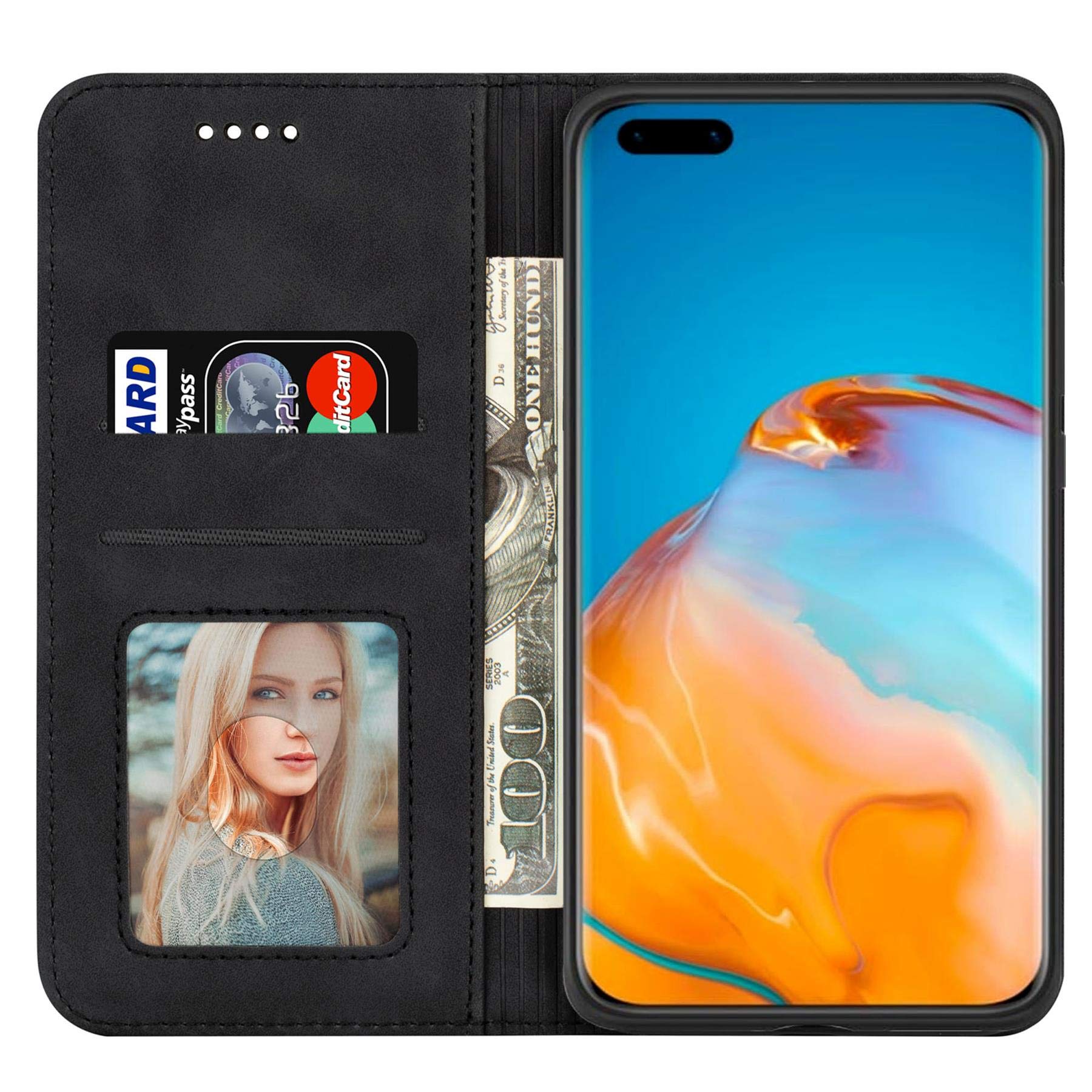 BE Cover for Huawei P40 4G (2021) Case Flip Leather Book Stand View Folio with Magnetic Closure & Card Slots Phone Full Wallet Smart Huawei P40 Cover Black - Image 3
