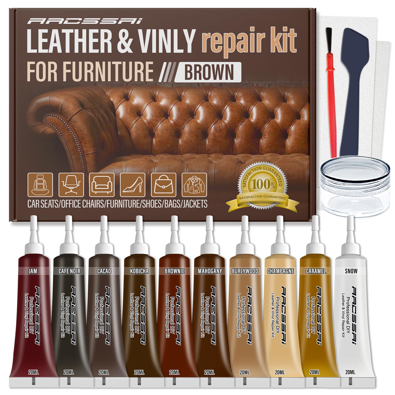 ARCSSAI Brown Leather Repair Kit for Furniture,Leather Couch Repair Kit with Super Easy Instructions to Match Any Brown Color, Restores Any Material, Faux, Bonded, Genuine Leather