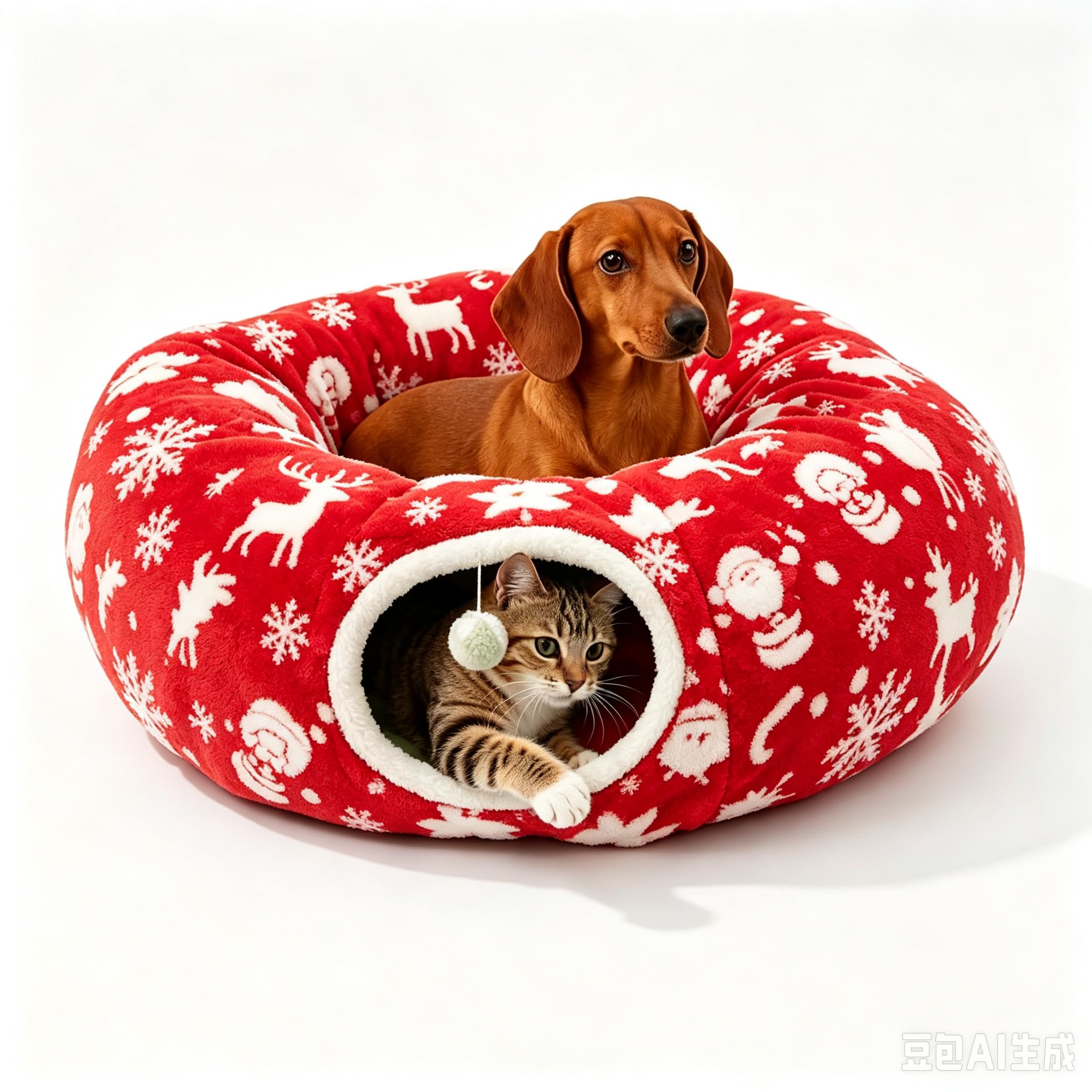 Dachshund Tunnel Bed, 2027 Tunnel Bed for Dachshund Dog，Xmas Red A