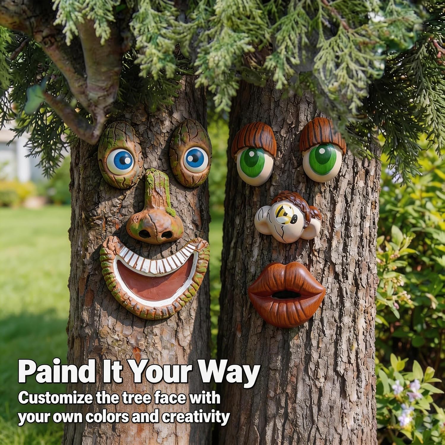 Tree Faces Decor Outdoor 2 Pack, Whimsical Old Man Tree Hugger Yard Art, Funny Bark Ghost Garden Sculpture for Halloween Easter Patio Lawn Outside Decor image 5