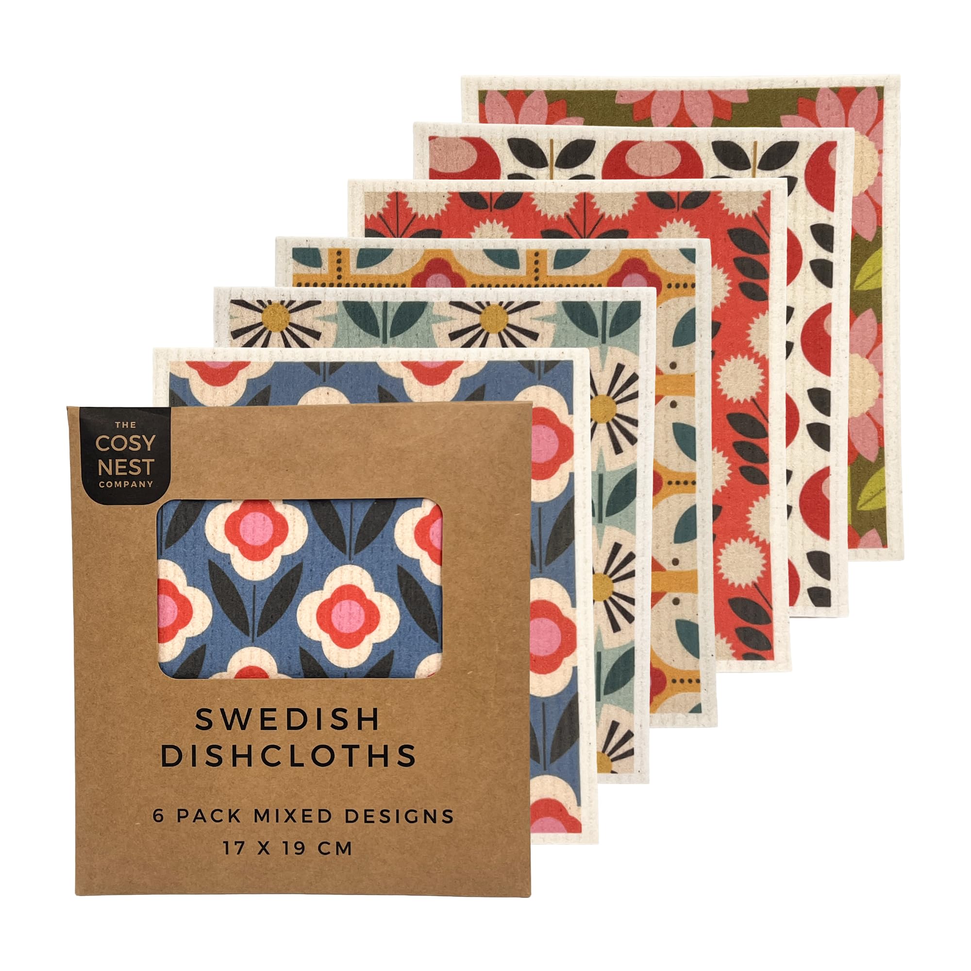 The Cosy Nest Company Multicolour Swedish Dishcloths Pack Of 6, Reusable Dish Cloths For Washing Up, Absorbent Sponge Cloths For Kitchen Cleaning, Eco Friendly Compostable Plastic Free, Floral Design