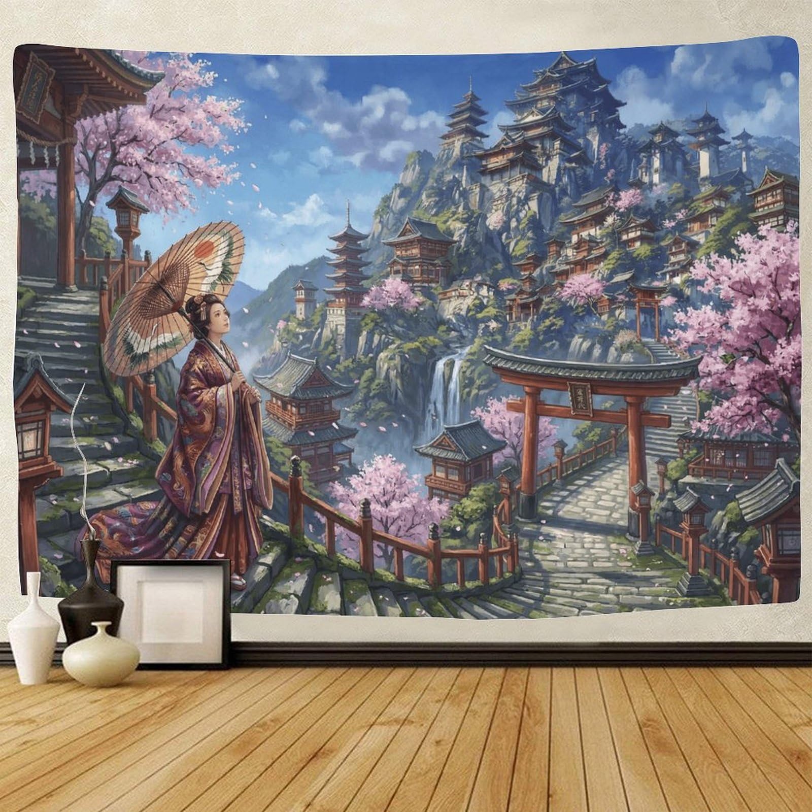 GPMNBCXZK Japanese Geisha 3D Printed Wall Art Bedroom Home Living Room Dorm Decor Sakura Wall Tapestry 70cmx100cm