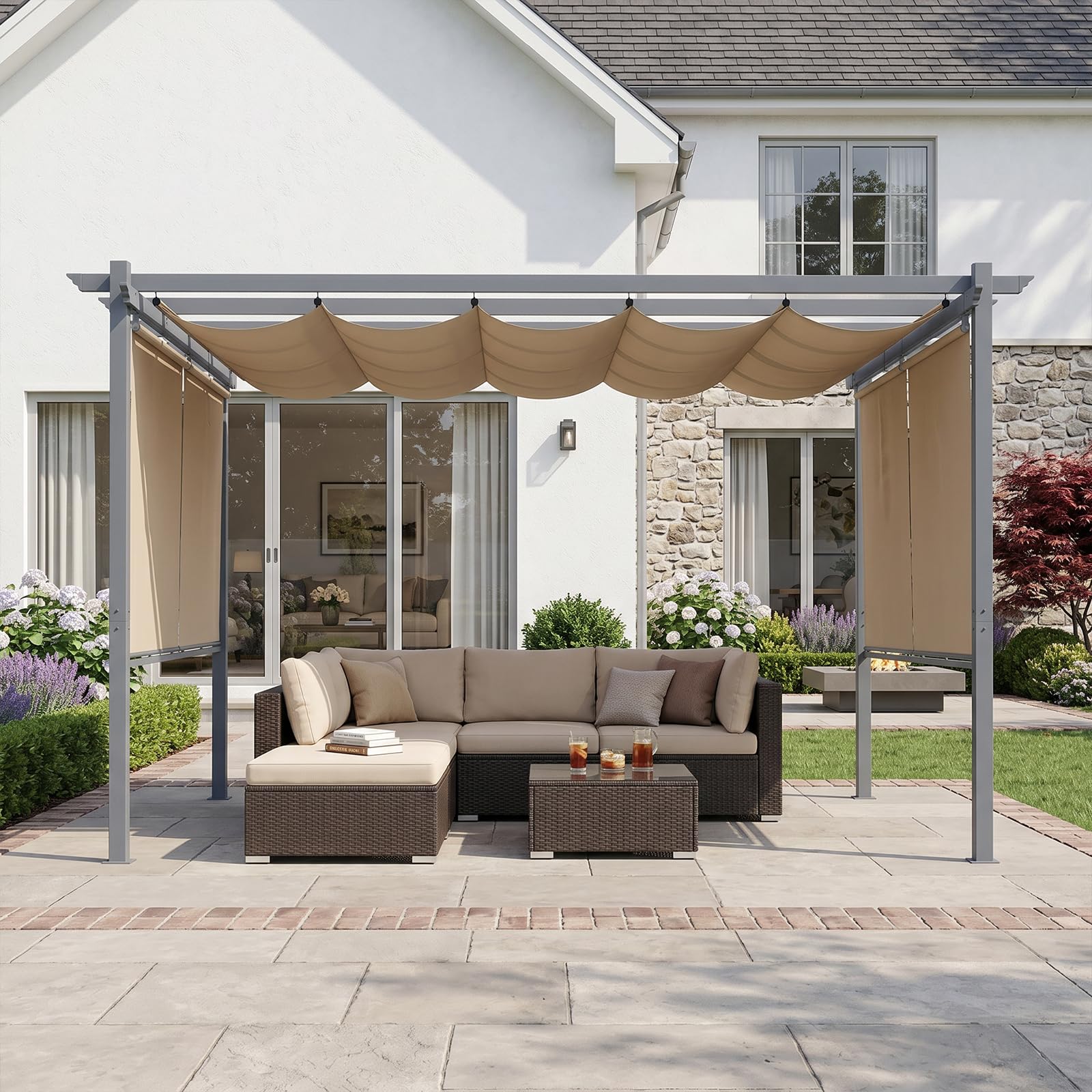 Aoodor 10 x 10 ft Outdoor Pergola with Retractable Shade Canopy