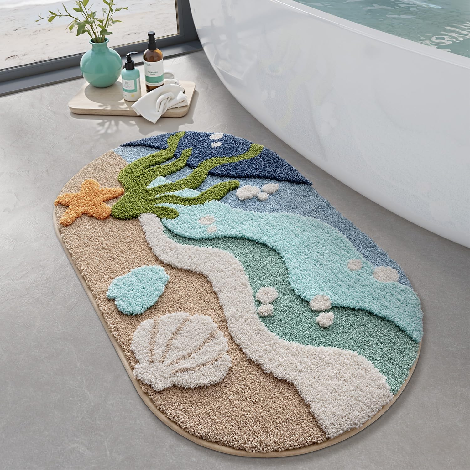 Photo 1 of LUMI Beach Bathroom Rugs, Non Slip Bath Mat Ultra Soft Washable Absorbent Quick Dry, Ocean Sea Theme Bath Rug with Starfish Shell for Shower Floor, Kitchen Decor, Kids Room, 22"x34"