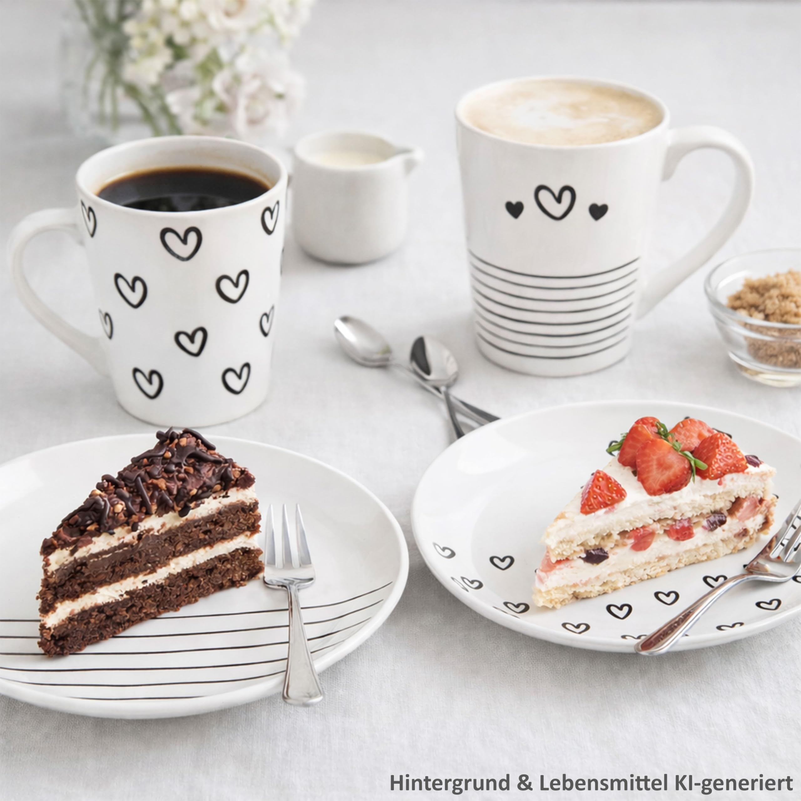 MamboCat Cupid 12tlg Frühstücksset I 6x Kuchenteller Ø18,5cm & 6x Kaffeebecher 350ml I Porzellan Geschirr schwarz-weiß mit Herz & Streifen Dekor I für Frühstück & Kaffeezeit