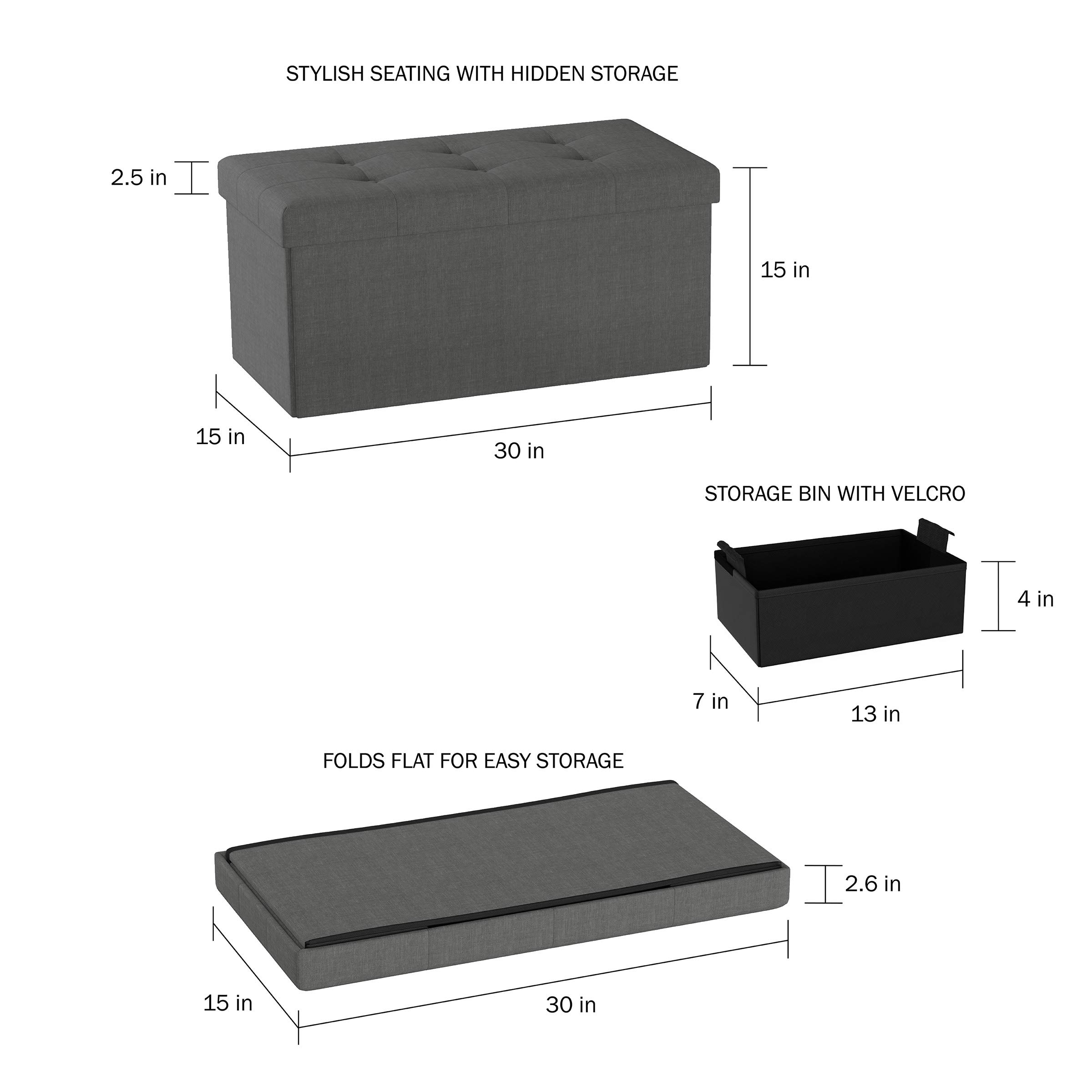 Lavish Home Storage Bench Ottoman Large Folding Tufted Foot Rest Organizer with Removable Bin for Home, Bedroom, or Living Room, Grey