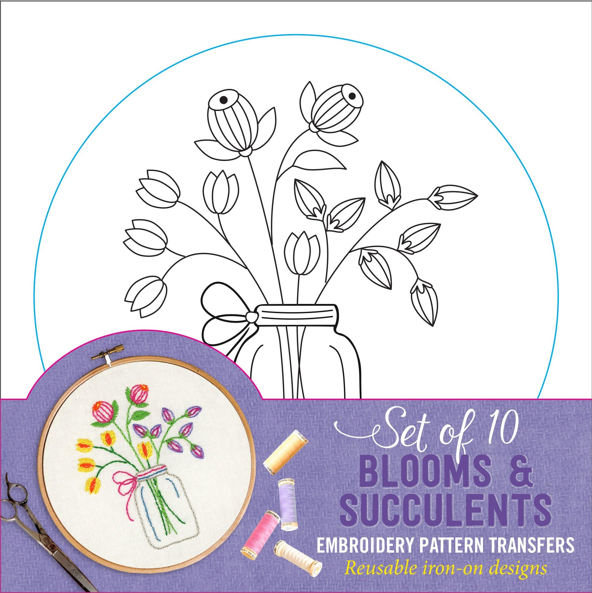 Peter Pauper Press Blooms & Succulents Embroidery Pattern Transfers (set of 10 hoop designs!)