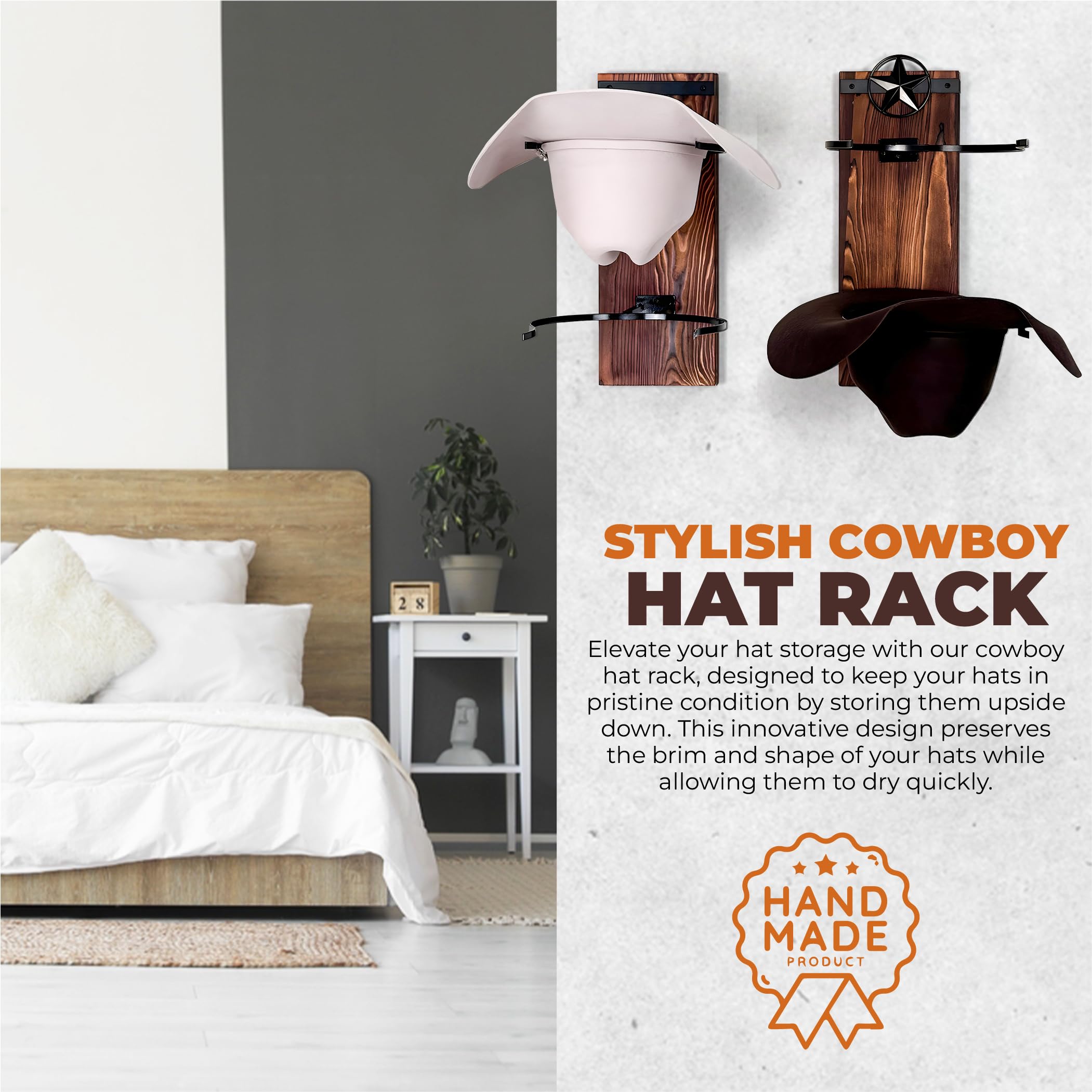 FreshDecor Cowboy Hat Rack for Wall | Western Hat Hanger | Rustic Wood and Metal Holder