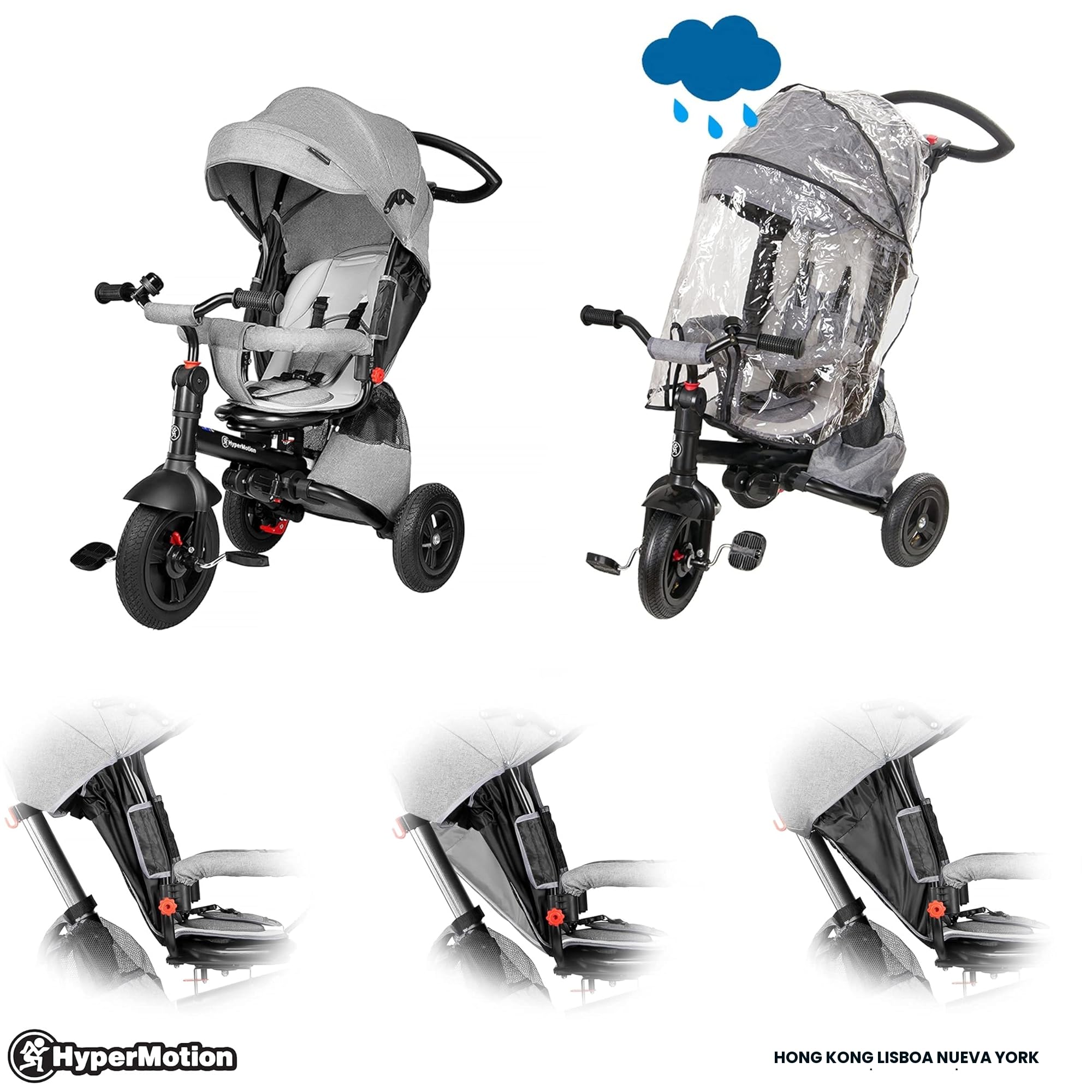 HyperMotion Triciclo Infantil 3 en 1 - Coche para Bebé con Asiento Giratorio y Cubierta de Lluvia - Triciclo Evolutivo 12 Meses a 5 Años, Plegable, Ruedas Bombeadas, 25kg, Gris
