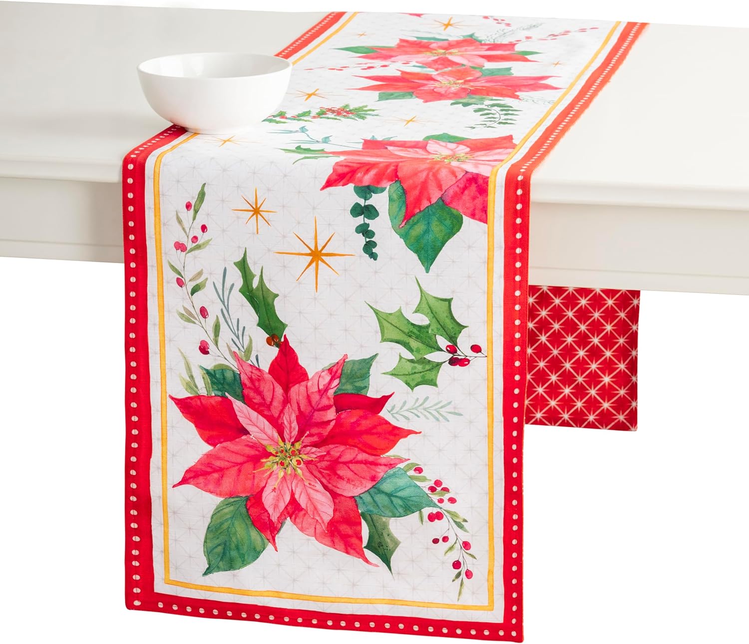 Maison d' Hermine Table Runner 100% Cotton Double Layer Table Runners 108 inches Long for Thanksgiving Christmas Decorations Home Kitchen Dining Party Wedding (Poinsettia Christmas, 14.5" x 108")