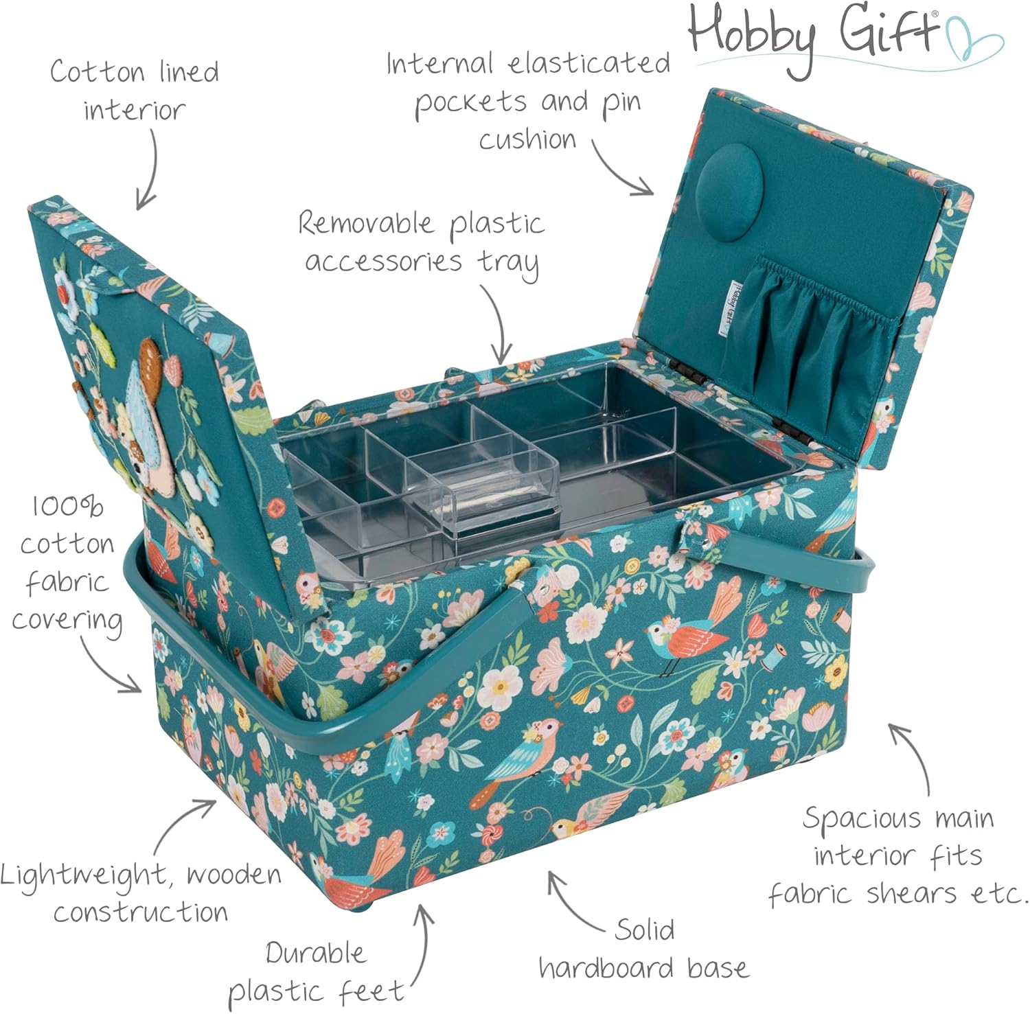 Hobby Gift Large Twin Lid Sewing Box Craft Storage Box with Handle Internal Tray Pin Cushion and Pockets for Sewing Knitting and Hobby Supplies