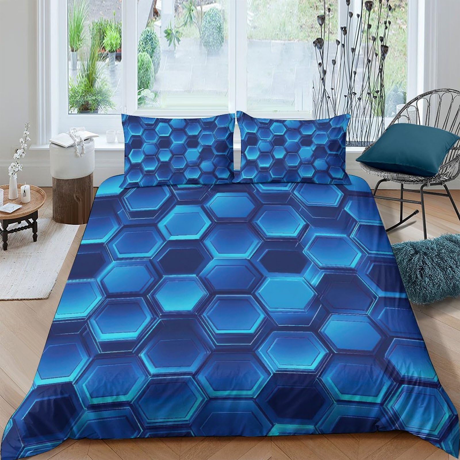 GPLZQXKJNH 3D Printed Blue Hexagon Duvet Cover Microfiber Soft Breathable Futuristic Pattern Bedding Set with 2 Pillowcases for Bedroom Decor Single（135x200cm）