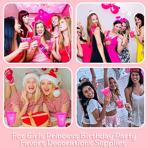 Miniatura 6 de Vesici 12 vasos de plástico de 16 onzas para niñas de princesa con pajitas y tapas, vaso con purpurina reutilizable a granel, botella de agua