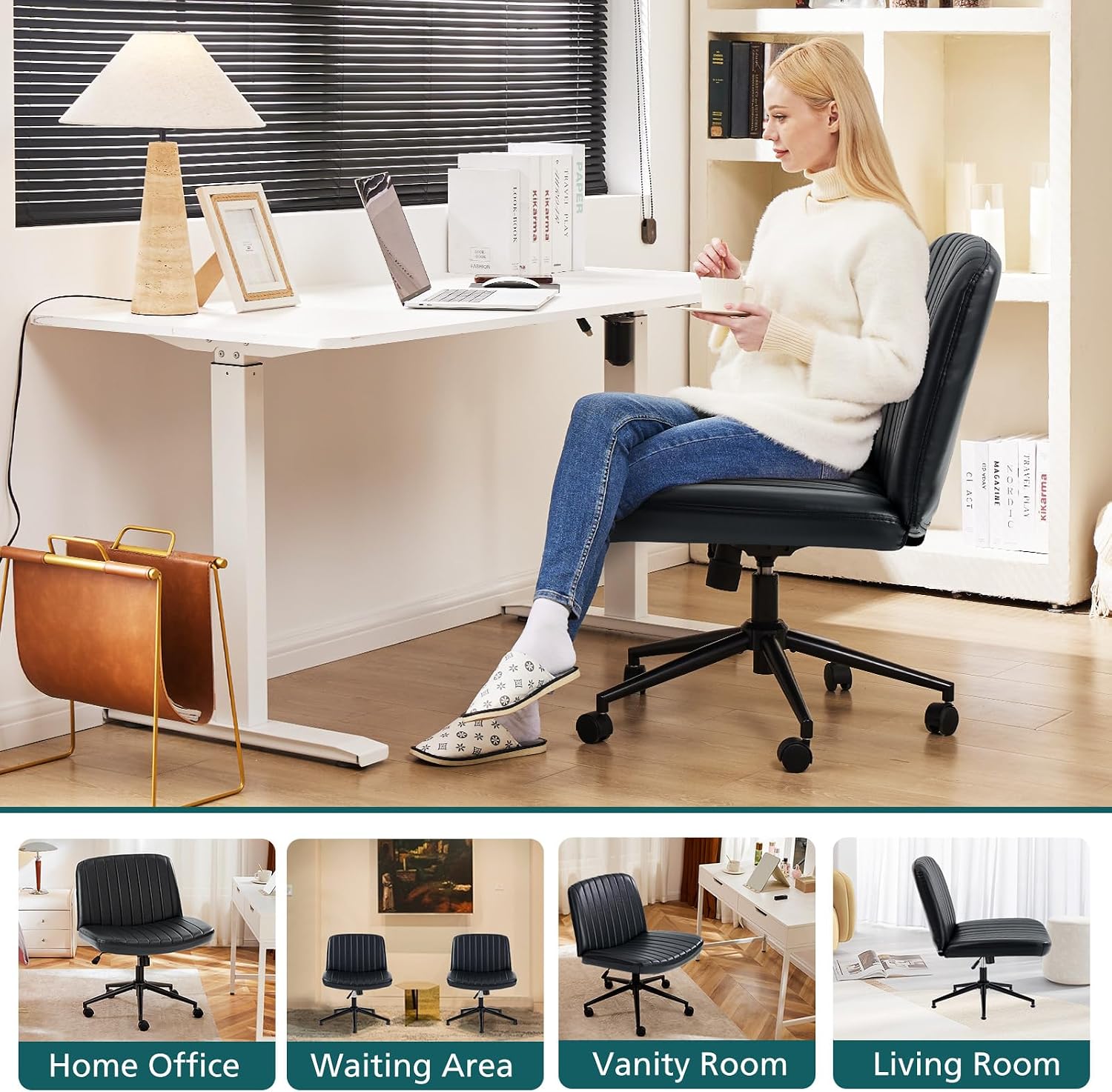 OLIXIS Criss Cross Chair with Wheels Wide Cross Legged Office Desk Vanity Chair Comfy Fabric Armless Adjustable Swivel for Home Computer Task PU Black - 8