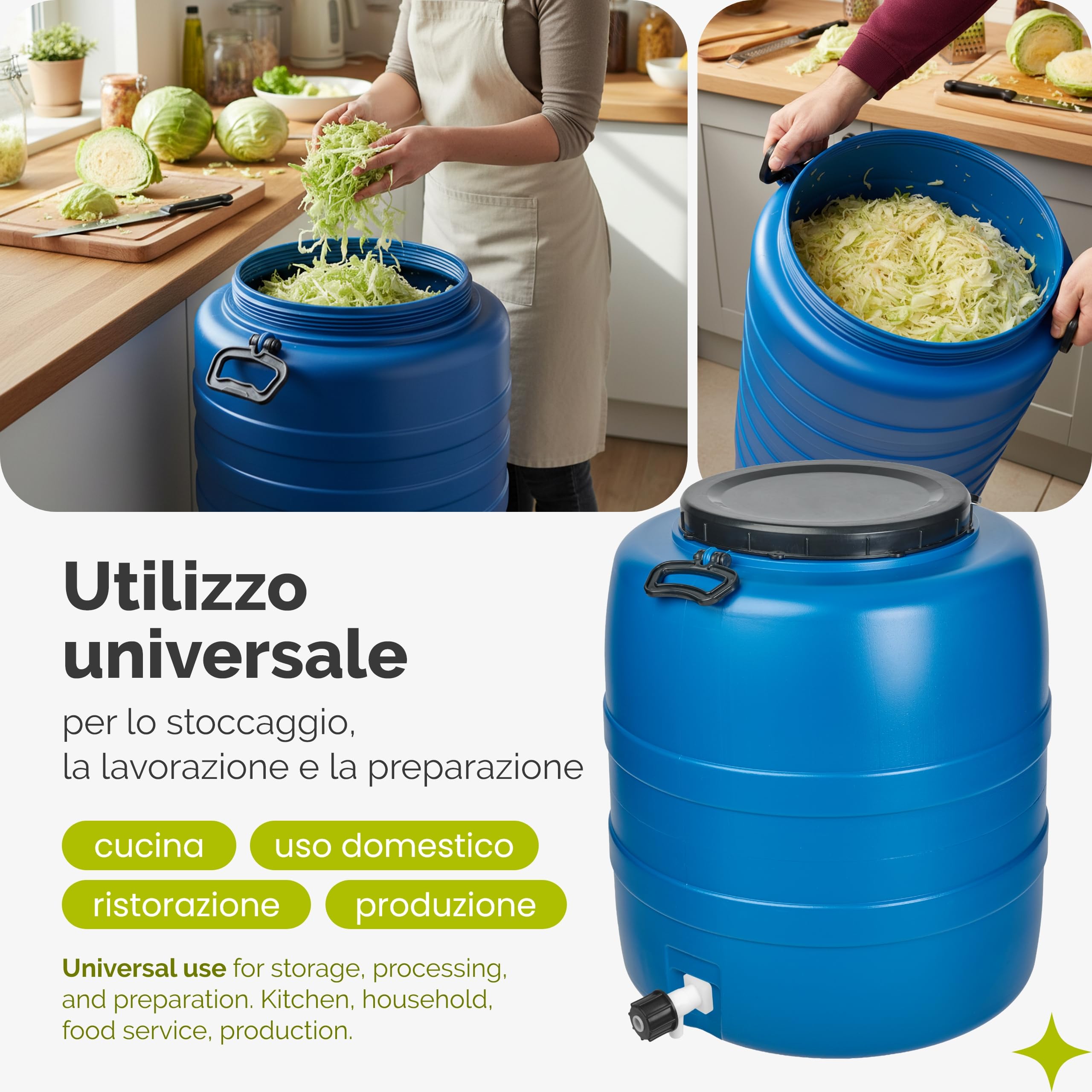 Garronda Bidone in Plastica 160 L e rubinetto HDPE con Coperchio Serbatoio Acqua per Raccolta Piovana Contenitore Alimentare per Stoccaggio e Fermentazione Grande Apertura GD-0186 Blu