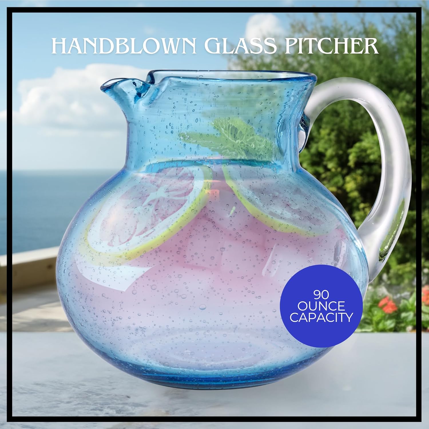 Artland Iris 90 Oz Handblown Glass Pitcher - Bubble Shape, Lead-Free - Versatile Drink Dispenser for Water, Juice, Cocktails - Enhanced Kitchen Decor, Dishwasher Safe (Turquoise)