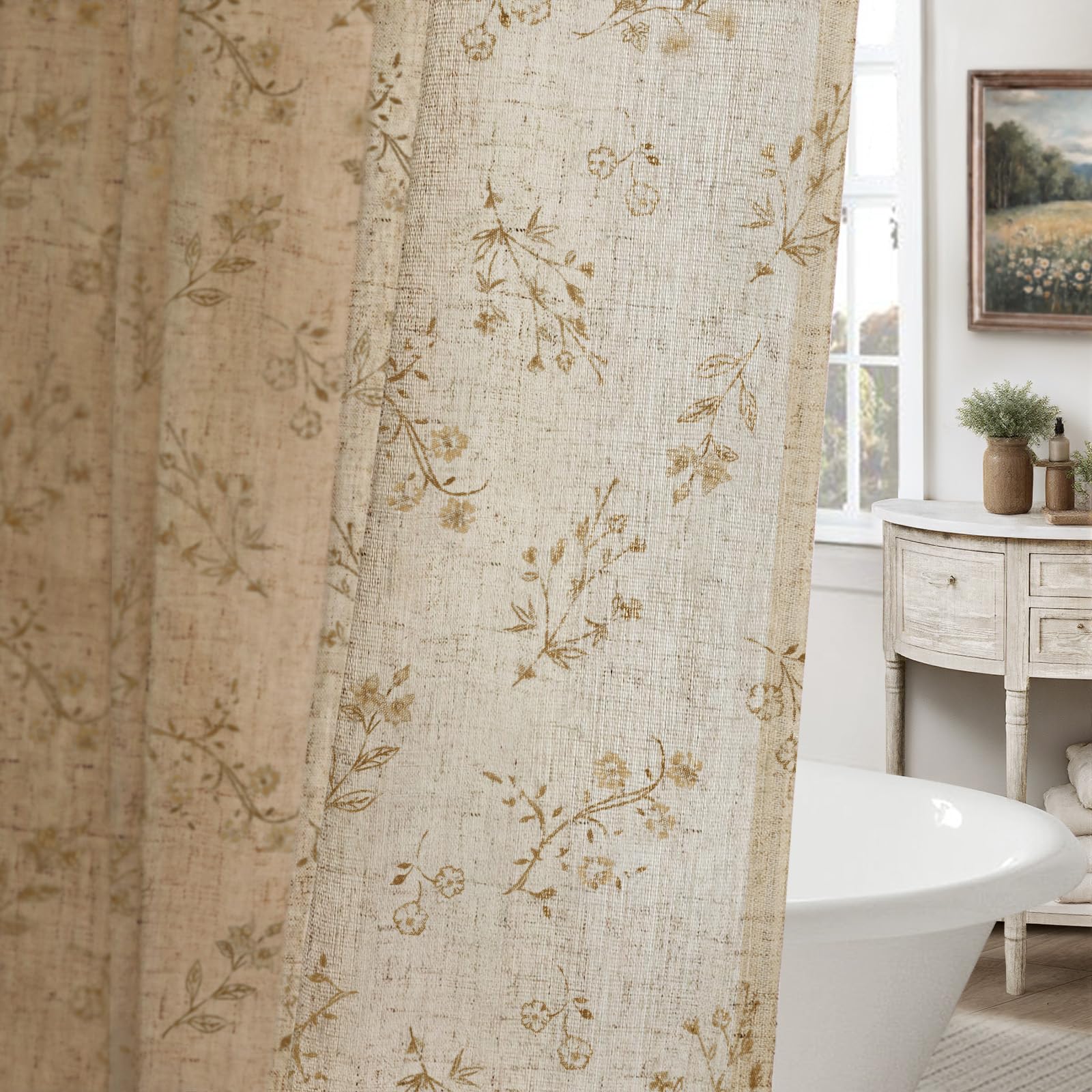 Beige Floral Farmhouse Vintage Linen Shower Curtain French Country 72Wx84H